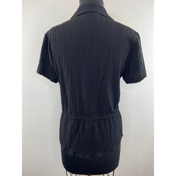 WOOLRICH Crinkle Black Short Sleeve Button-Down Tie Waist Women's Shirt S Small - Picture 5 of 9